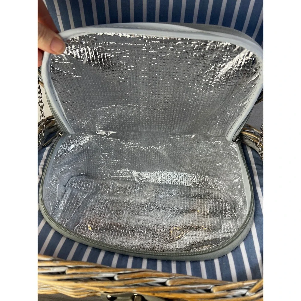 Woven Wicker Picnic Basket Insulated‎ Cooler Grey Wash Blue Stripe Lining Trunk